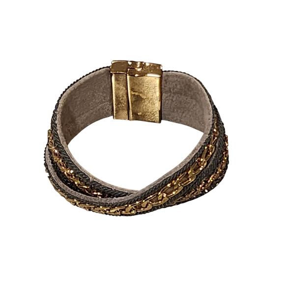 Large Cuff Statement Bracelet Gold-tone Chain Pave Crystals on Crisscross Fabric - Picture 4 of 6